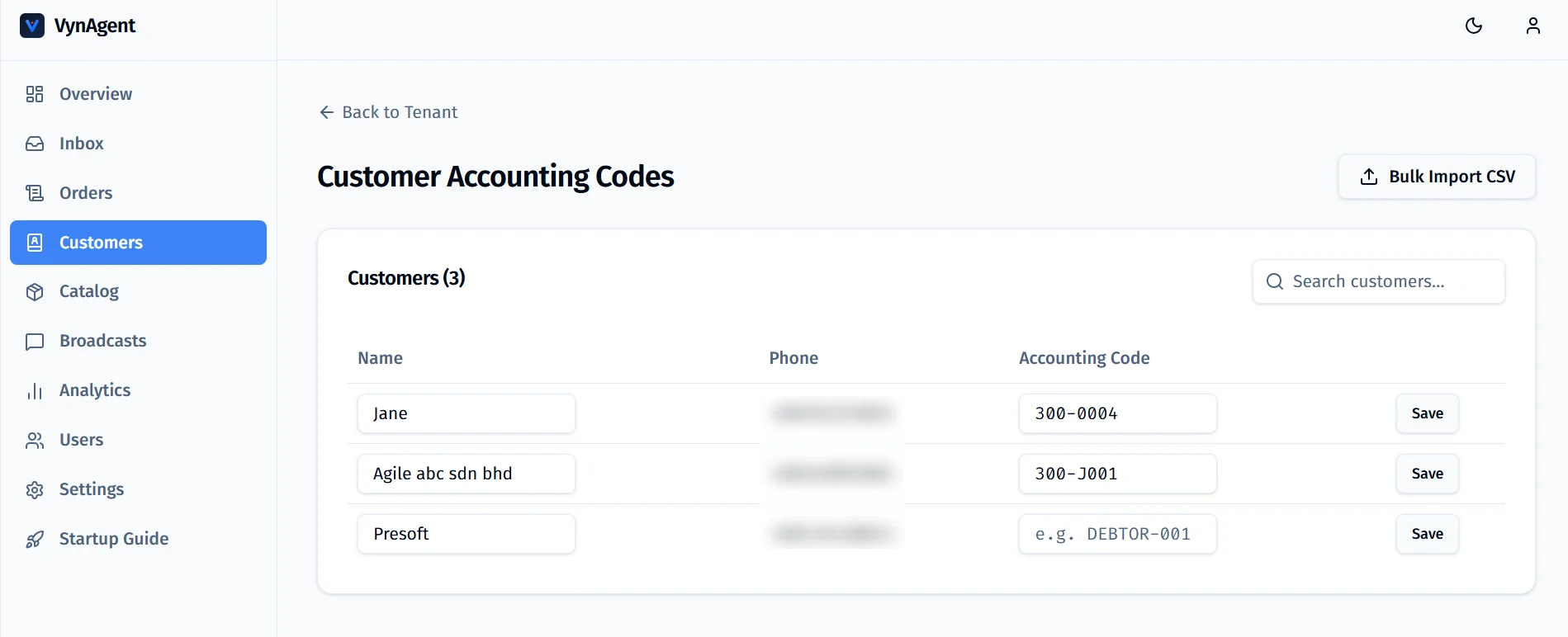 VynAgent customer accounting codes