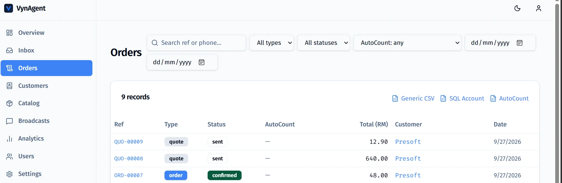 VynAgent quotes and orders list